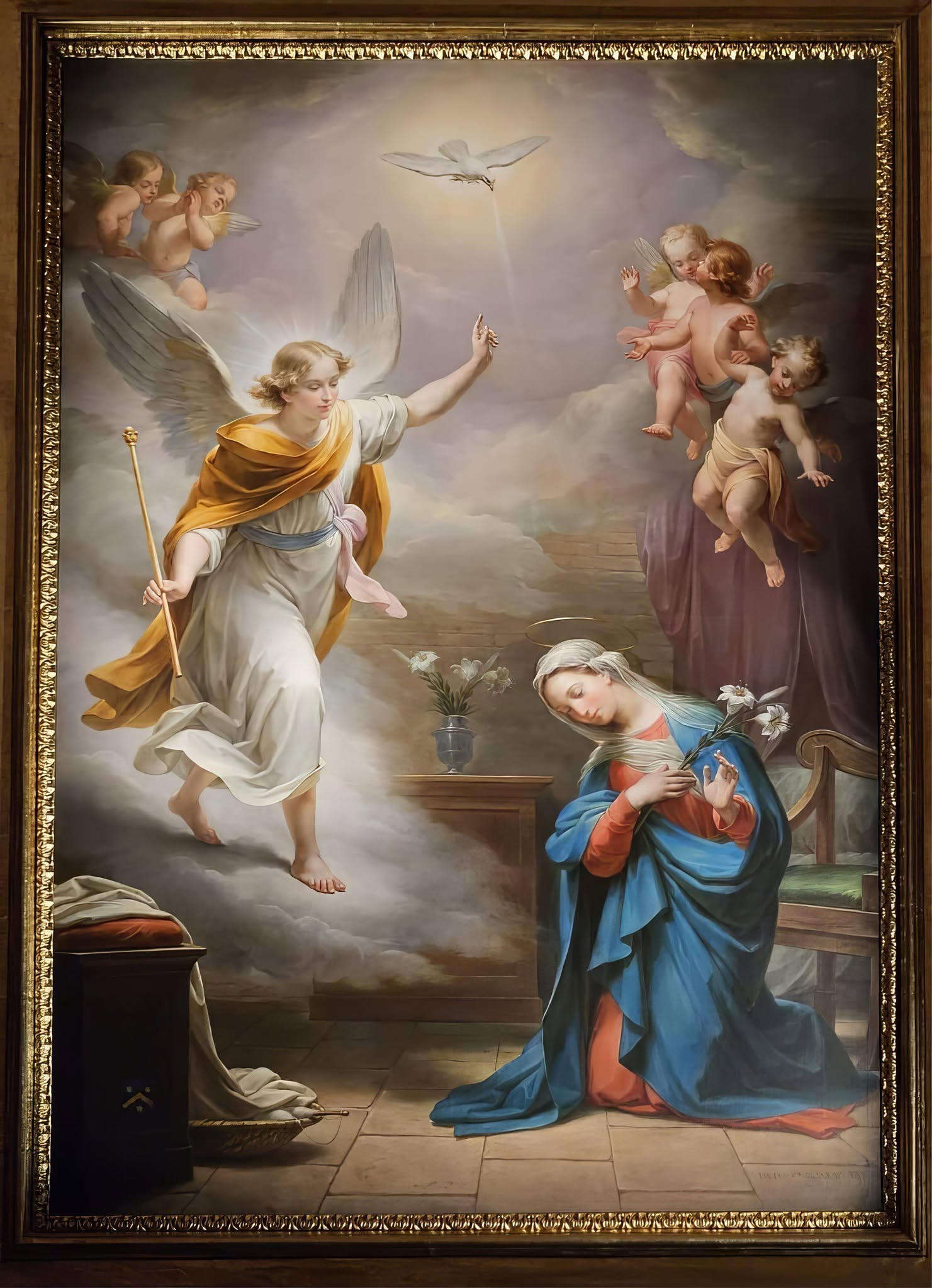 The Annunciation painting: Gabriel approaching Mary, with a dove above and lilies in the foreground