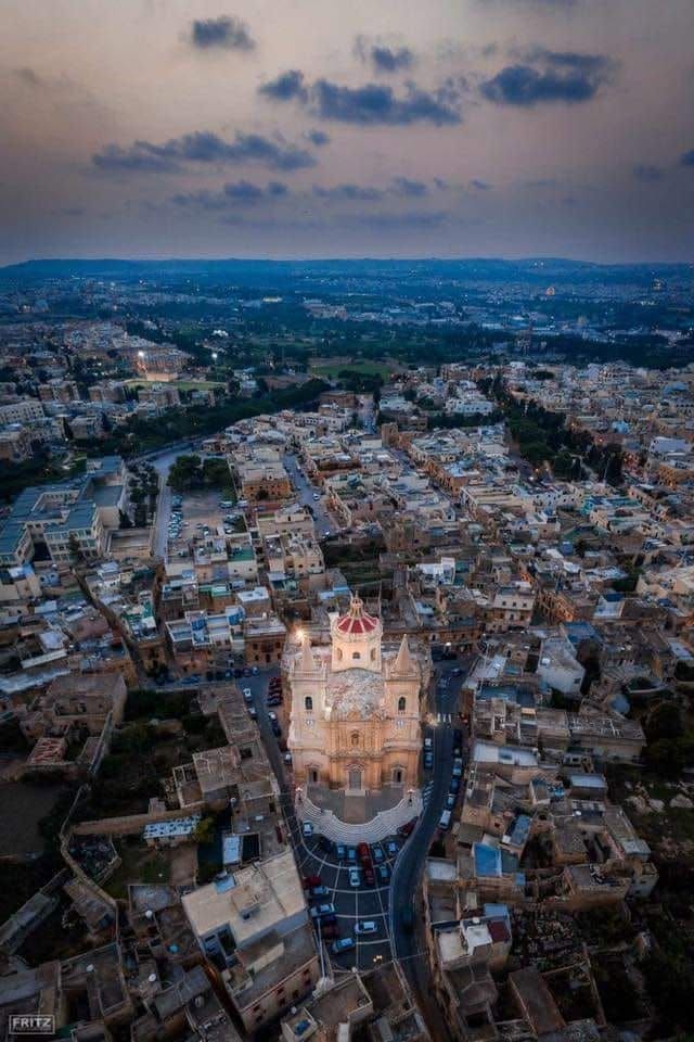 An aerial view of the church and village