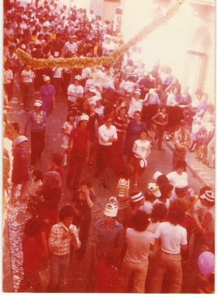 An elevated view of a street celebration