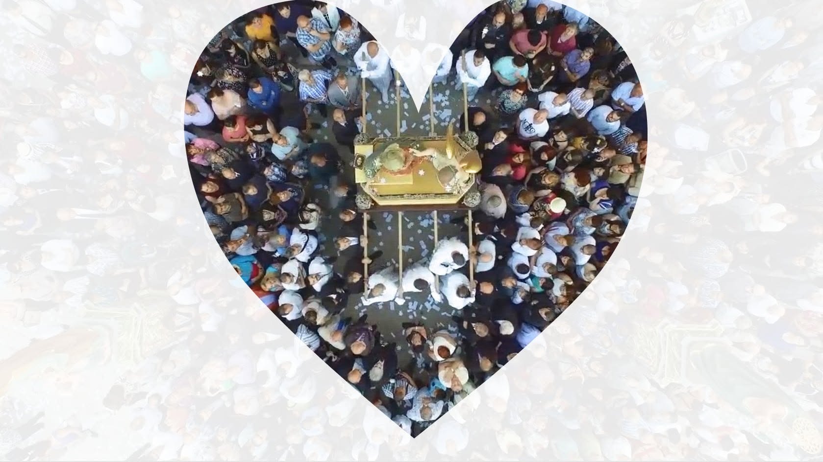 A heart-shaped collage of a procession
