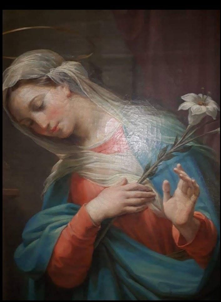 A painting of Mary holding lilies