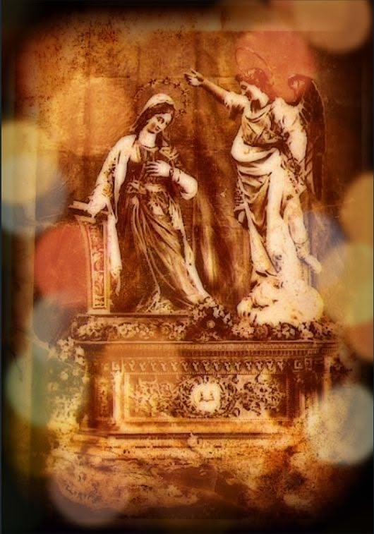 A sepia-toned image of Annunciation statues