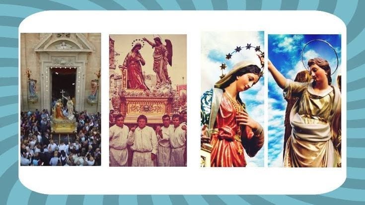 A collage of statues and procession photographs