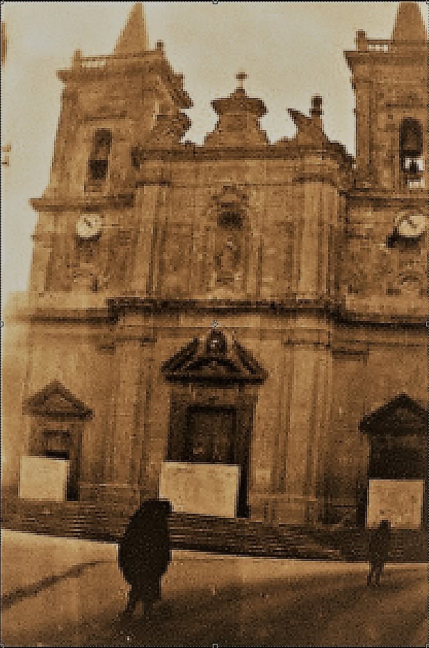 A sepia view of the church façade